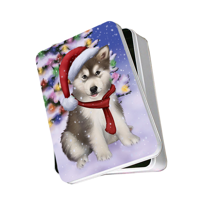 Winterland Wonderland Alaskan Malamute Dog In Christmas Holiday Scenic Background Photo Storage Tin PITN53359