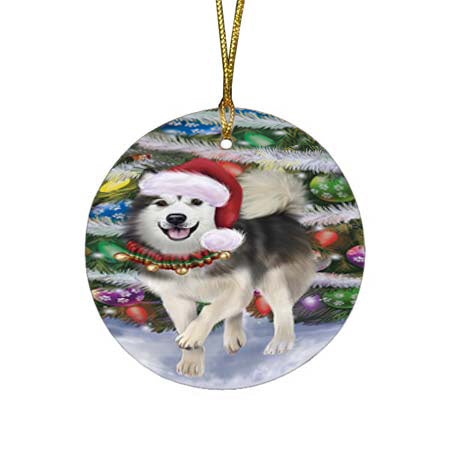 Trotting in the Snow Alaskan Malamute Dog Round Flat Christmas Ornament RFPOR55760