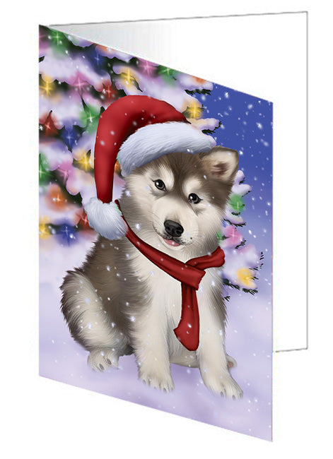 Winterland Wonderland Alaskan Malamute Dog In Christmas Holiday Scenic Background  Handmade Artwork Assorted Pets Greeting Cards and Note Cards with Envelopes for All Occasions and Holiday Seasons GCD64106