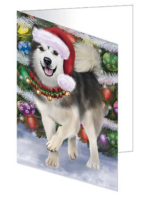Trotting in the Snow Alaskan Malamute Dog Handmade Artwork Assorted Pets Greeting Cards and Note Cards with Envelopes for All Occasions and Holiday Seasons GCD70727