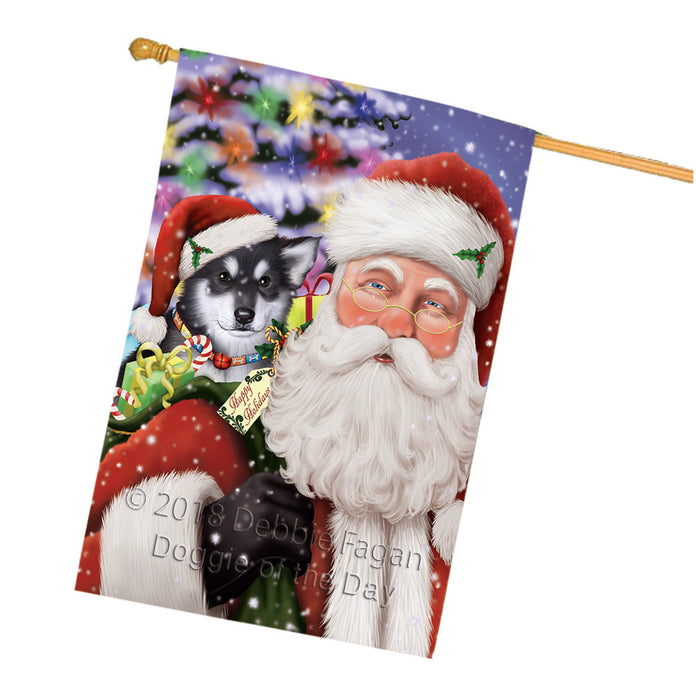 Santa Carrying Alaskan Malamute Dog and Christmas Presents House Flag FLG54155
