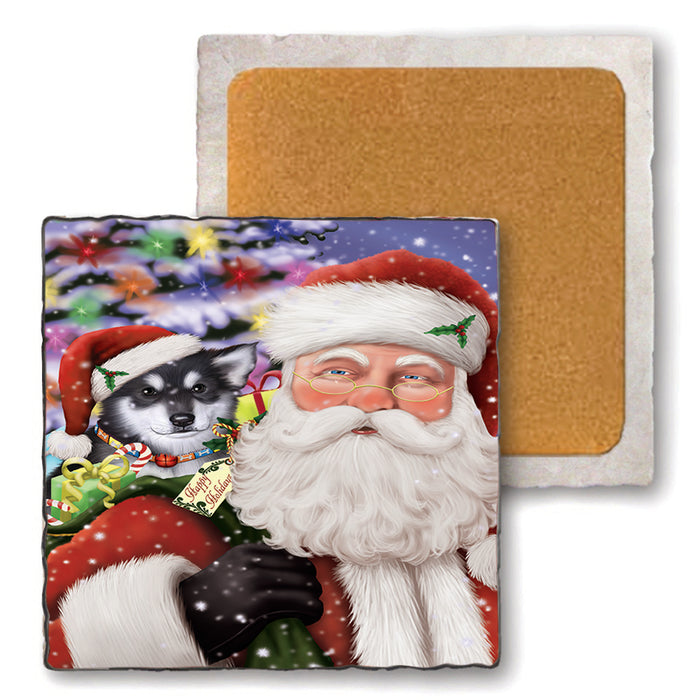 Santa Carrying Alaskan Malamute Dog and Christmas Presents Set of 4 Natural Stone Marble Tile Coasters MCST48957