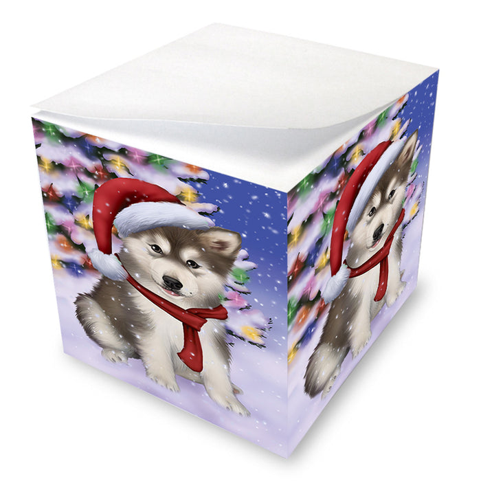Winterland Wonderland Alaskan Malamute Dog In Christmas Holiday Scenic Background Note Cube NOC53359
