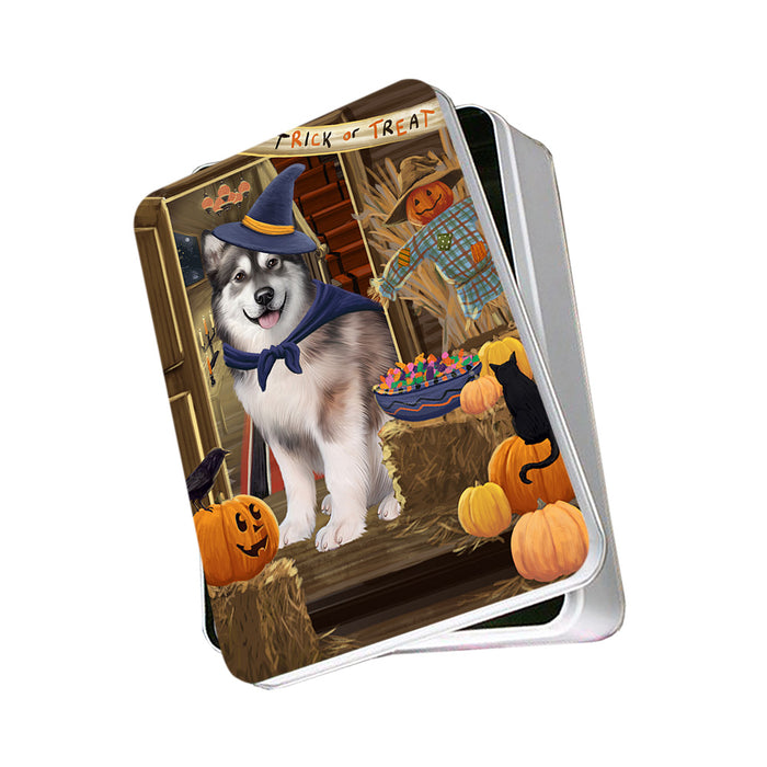 Enter at Own Risk Trick or Treat Halloween Alaskan Malamute Dog Photo Storage Tin PITN52934