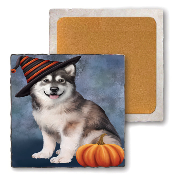 Happy Halloween Alaskan Malamute Dog Wearing Witch Hat with Pumpkin Set of 4 Natural Stone Marble Tile Coasters MCST49913