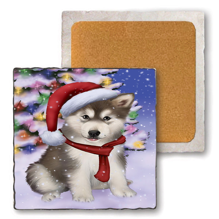 Winterland Wonderland Alaskan Malamute Dog In Christmas Holiday Scenic Background  Set of 4 Natural Stone Marble Tile Coasters MCST48359