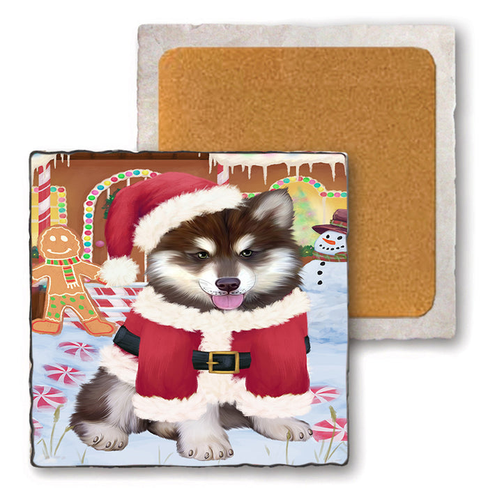 Christmas Gingerbread House Candyfest Alaskan Malamute Dog Set of 4 Natural Stone Marble Tile Coasters MCST51129