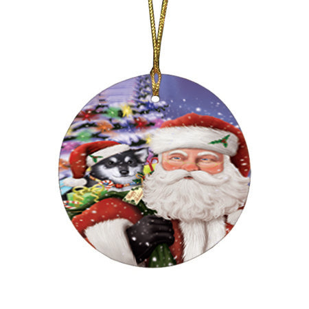 Santa Carrying Alaskan Malamute Dog and Christmas Presents Round Flat Christmas Ornament RFPOR53948
