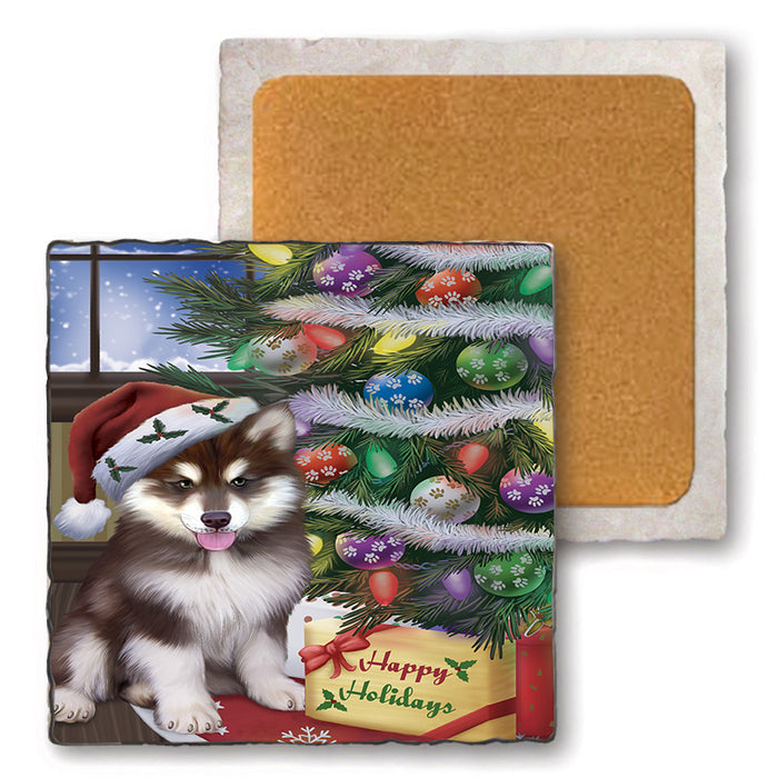 Christmas Happy Holidays Alaskan Malamute Dog with Tree and Presents Set of 4 Natural Stone Marble Tile Coasters MCST48798