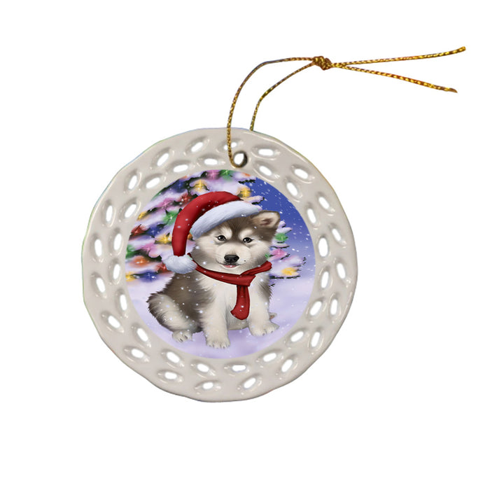 Winterland Wonderland Alaskan Malamute Dog In Christmas Holiday Scenic Background  Ceramic Doily Ornament DPOR53359