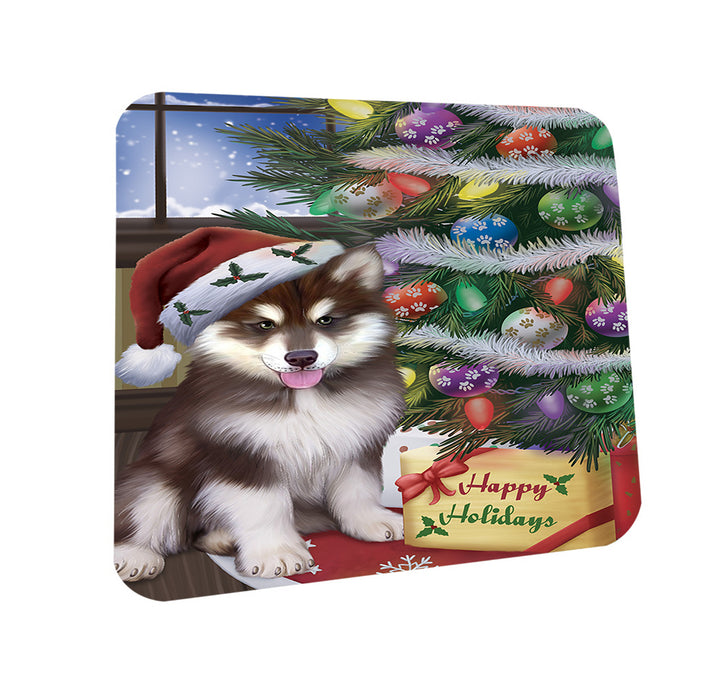 Christmas Happy Holidays Alaskan Malamute Dog with Tree and Presents Coasters Set of 4 CST53756