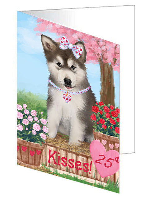 Rosie 25 Cent Kisses Alaskan Malamute Dog Handmade Artwork Assorted Pets Greeting Cards and Note Cards with Envelopes for All Occasions and Holiday Seasons GCD73751