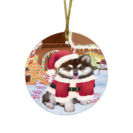Christmas Gingerbread House Candyfest Alaskan Malamute Dog Round Flat Christmas Ornament RFPOR56485