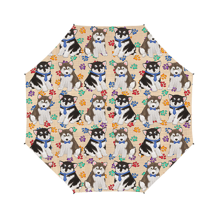 Rainbow Paw Print Alaskan Malamute Dogs Blue Semi-Automatic Foldable Umbrella