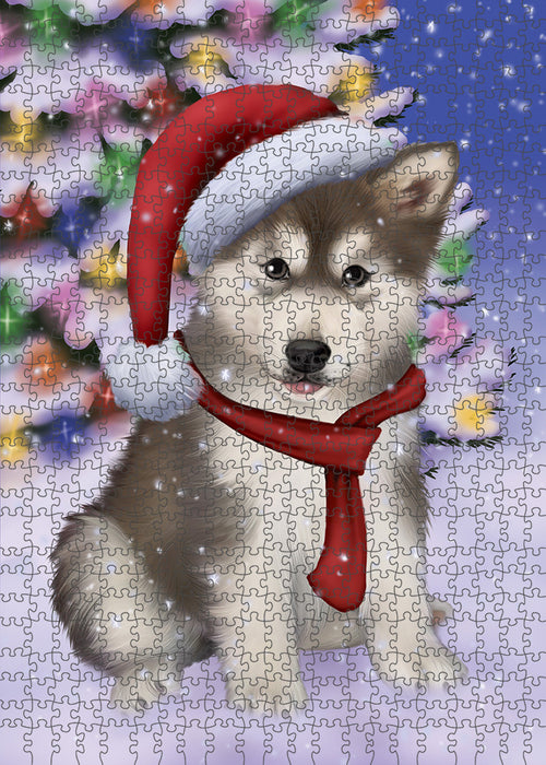 Winterland Wonderland Alaskan Malamute Dog In Christmas Holiday Scenic Background Puzzle with Photo Tin PUZL80592