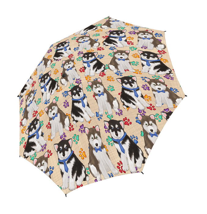 Rainbow Paw Print Alaskan Malamute Dogs Blue Semi-Automatic Foldable Umbrella