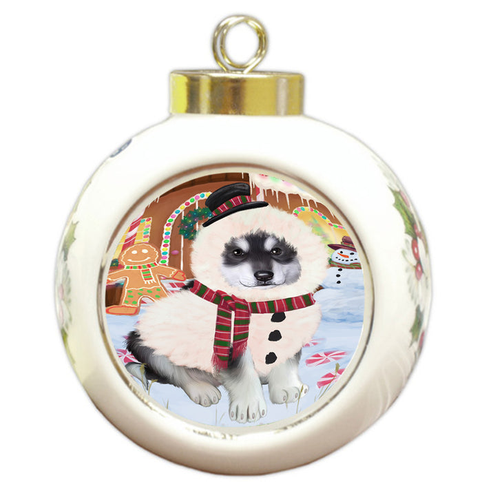 Christmas Gingerbread House Candyfest Alaskan Malamute Dog Round Ball Christmas Ornament RBPOR56486