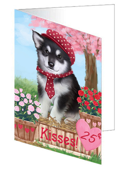 Rosie 25 Cent Kisses Alaskan Malamute Dog Handmade Artwork Assorted Pets Greeting Cards and Note Cards with Envelopes for All Occasions and Holiday Seasons GCD73754