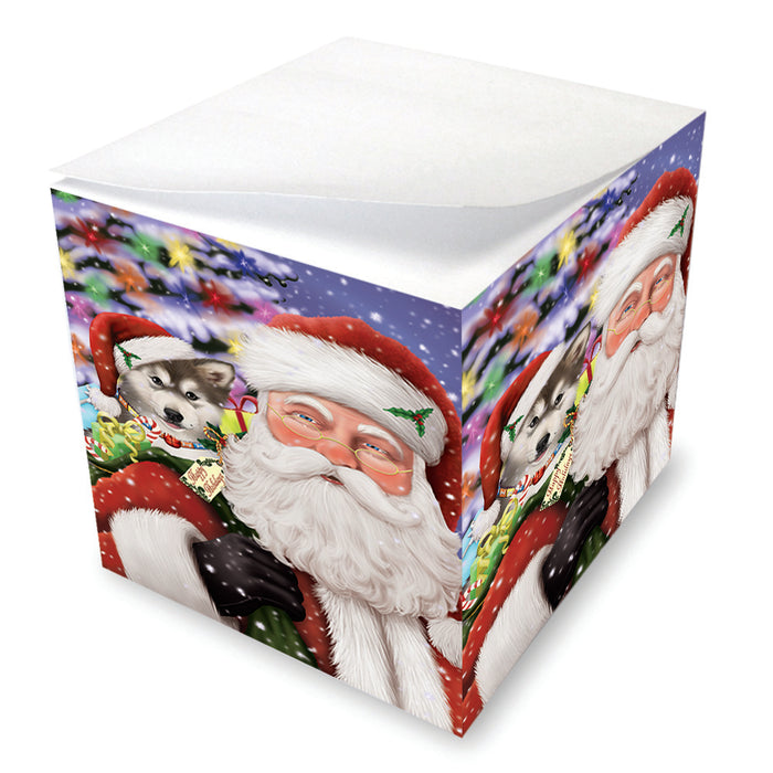 Santa Carrying Alaskan Malamute Dog and Christmas Presents Note Cube NOC55604