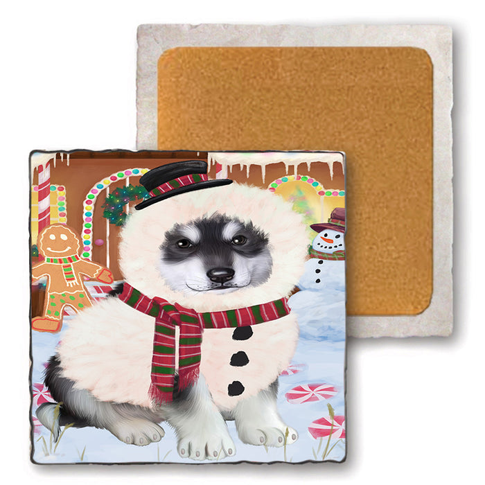 Christmas Gingerbread House Candyfest Alaskan Malamute Dog Set of 4 Natural Stone Marble Tile Coasters MCST51130