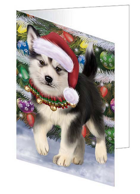 Trotting in the Snow Alaskan Malamute Dog Handmade Artwork Assorted Pets Greeting Cards and Note Cards with Envelopes for All Occasions and Holiday Seasons GCD70730