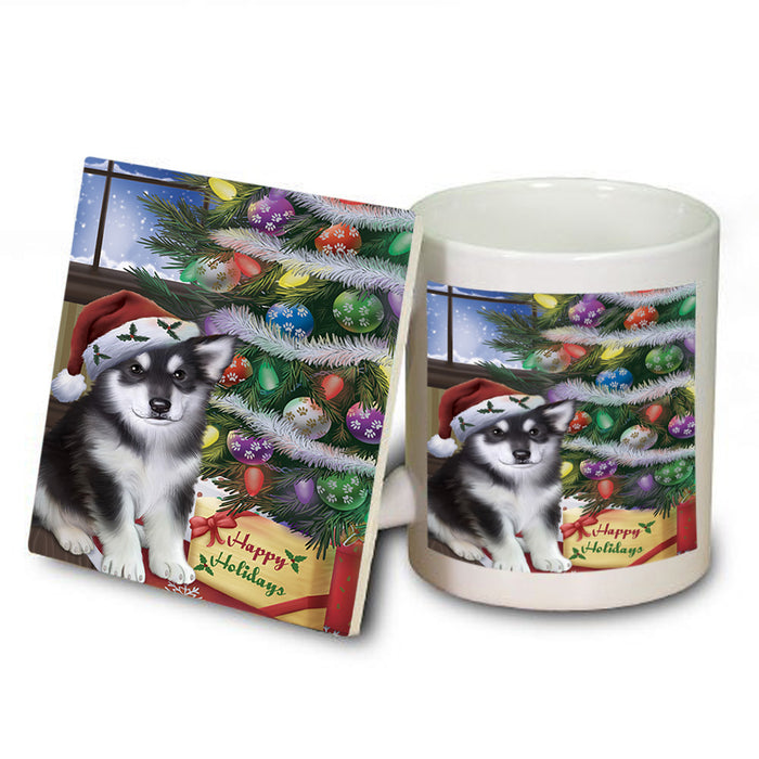 Christmas Happy Holidays Alaskan Malamute Dog with Tree and Presents Mug and Coaster Set MUC53791