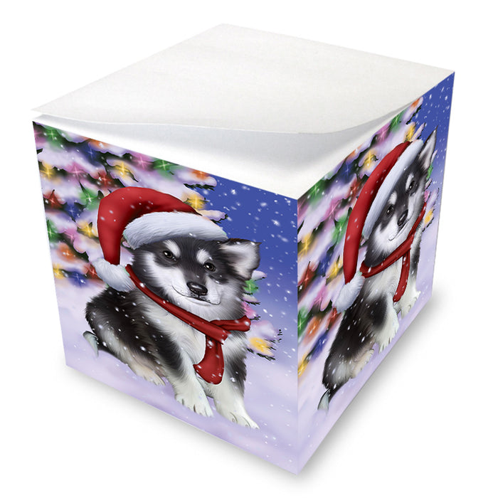 Winterland Wonderland Alaskan Malamute Dog In Christmas Holiday Scenic Background Note Cube NOC53360