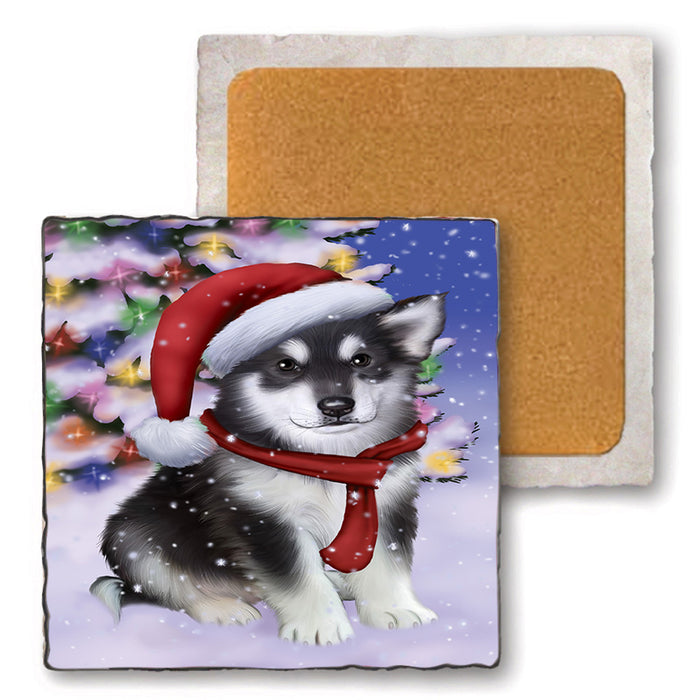 Winterland Wonderland Alaskan Malamute Dog In Christmas Holiday Scenic Background  Set of 4 Natural Stone Marble Tile Coasters MCST48360