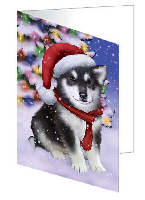 Winterland Wonderland Alaskan Malamute Dog In Christmas Holiday Scenic Background  Handmade Artwork Assorted Pets Greeting Cards and Note Cards with Envelopes for All Occasions and Holiday Seasons GCD64109