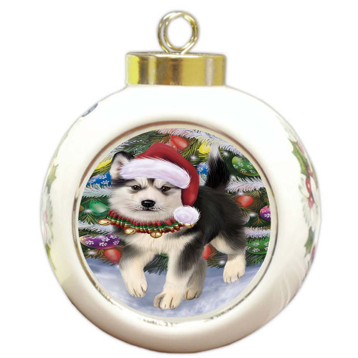 Trotting in the Snow Alaskan Malamute Dog Round Ball Christmas Ornament RBPOR55761