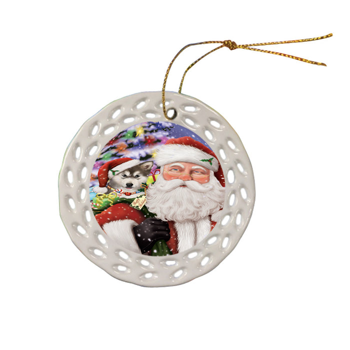 Santa Carrying Alaskan Malamute Dog and Christmas Presents Ceramic Doily Ornament DPOR53958