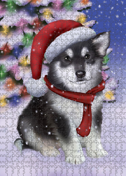 Winterland Wonderland Alaskan Malamute Dog In Christmas Holiday Scenic Background Puzzle  PUZL80596