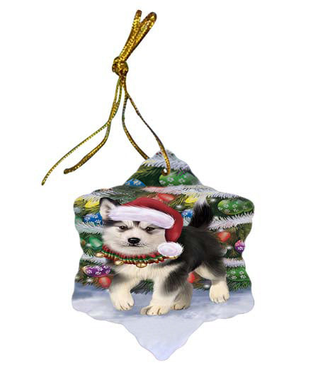 Trotting in the Snow Alaskan Malamute Dog Star Porcelain Ornament SPOR55761