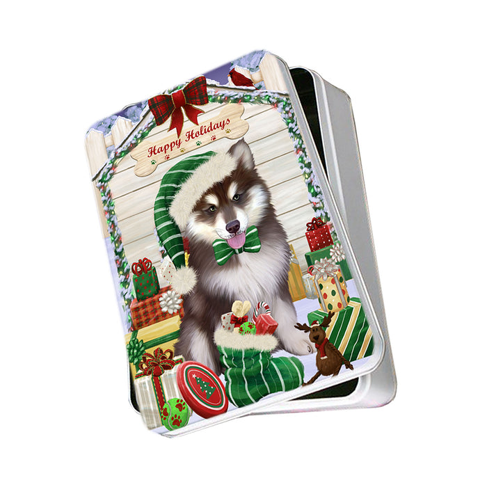 Happy Holidays Christmas Alaskan Malamute Dog House with Presents Photo Storage Tin PITN51301