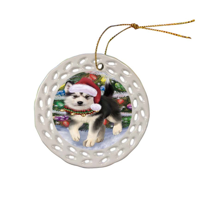 Trotting in the Snow Alaskan Malamute Dog Ceramic Doily Ornament DPOR55761