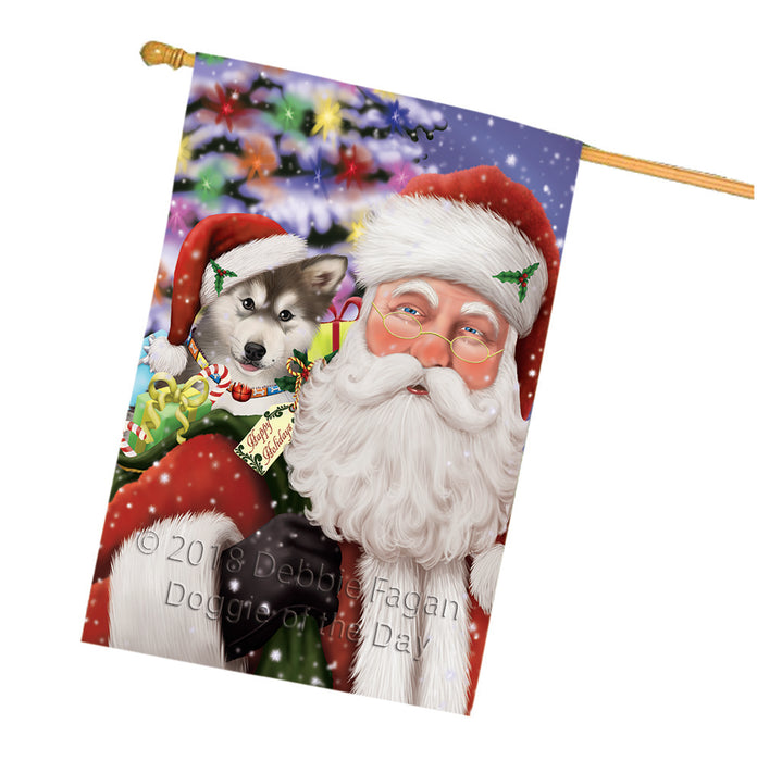 Santa Carrying Alaskan Malamute Dog and Christmas Presents House Flag FLG54156