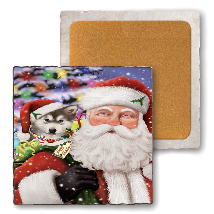 Santa Carrying Alaskan Malamute Dog and Christmas Presents Set of 4 Natural Stone Marble Tile Coasters MCST48958