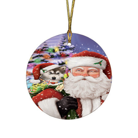 Santa Carrying Alaskan Malamute Dog and Christmas Presents Round Flat Christmas Ornament RFPOR53949