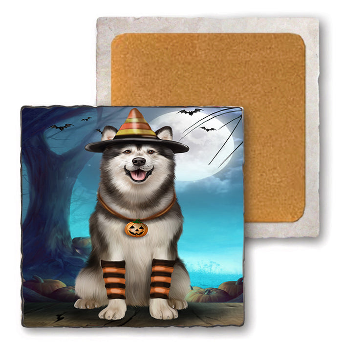 Happy Halloween Trick or Treat Alaskan Malamute Dog Set of 4 Natural Stone Marble Tile Coasters MCST49493