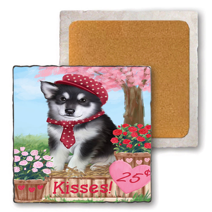 Rosie 25 Cent Kisses Alaskan Malamute Dog Set of 4 Natural Stone Marble Tile Coasters MCST51413