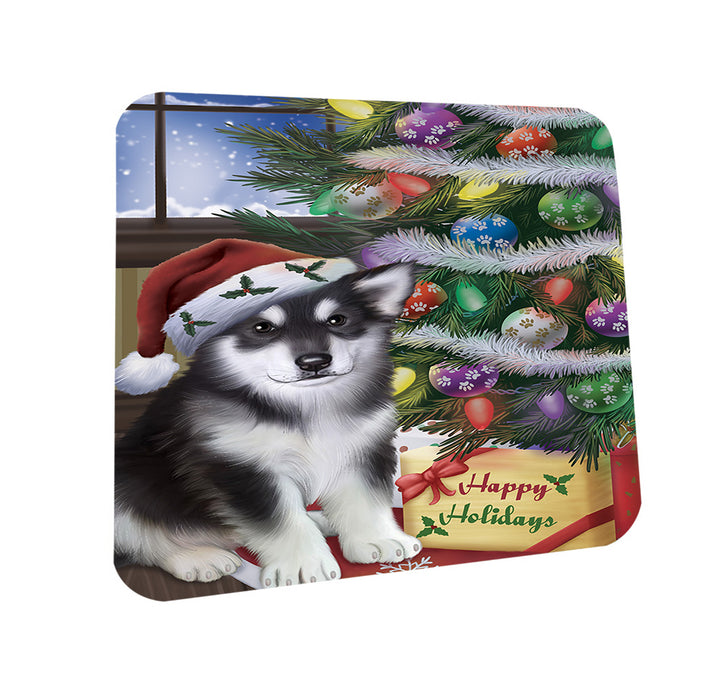 Christmas Happy Holidays Alaskan Malamute Dog with Tree and Presents Coasters Set of 4 CST53757