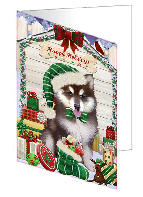 Happy Holidays Christmas Alaskan Malamute Dog House with Presents Handmade Artwork Assorted Pets Greeting Cards and Note Cards with Envelopes for All Occasions and Holiday Seasons GCD57932