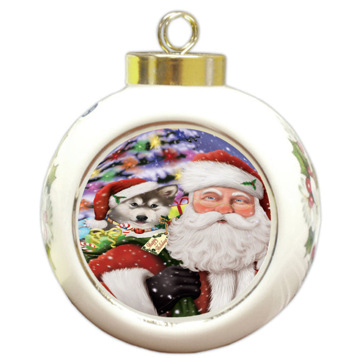 Santa Carrying Alaskan Malamute Dog and Christmas Presents Round Ball Christmas Ornament RBPOR53958