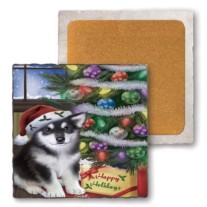 Christmas Happy Holidays Alaskan Malamute Dog with Tree and Presents Set of 4 Natural Stone Marble Tile Coasters MCST48799