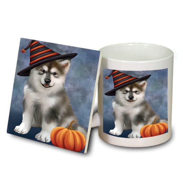 Happy Halloween Alaskan Malamute Dog Wearing Witch Hat with Pumpkin Mug and Coaster Set MUC54906