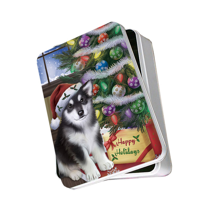 Christmas Happy Holidays Alaskan Malamute Dog with Tree and Presents Photo Storage Tin PITN53742