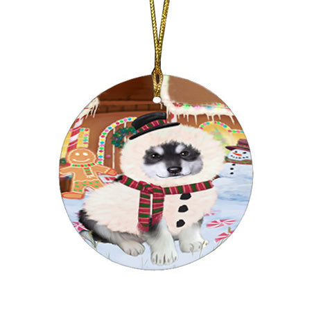 Christmas Gingerbread House Candyfest Alaskan Malamute Dog Round Flat Christmas Ornament RFPOR56486
