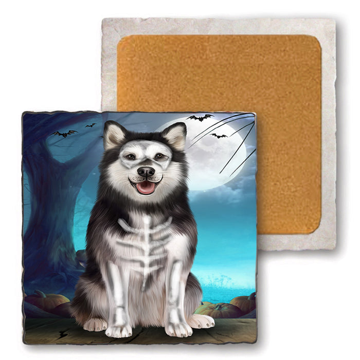 Happy Halloween Trick or Treat Alaskan Malamute Dog Set of 4 Natural Stone Marble Tile Coasters MCST49494