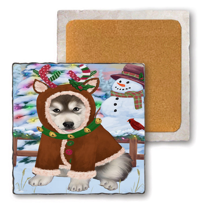 Christmas Gingerbread House Candyfest Alaskan Malamute Dog Set of 4 Natural Stone Marble Tile Coasters MCST51131
