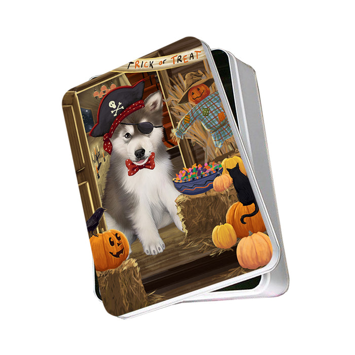 Enter at Own Risk Trick or Treat Halloween Alaskan Malamute Dog Photo Storage Tin PITN52936